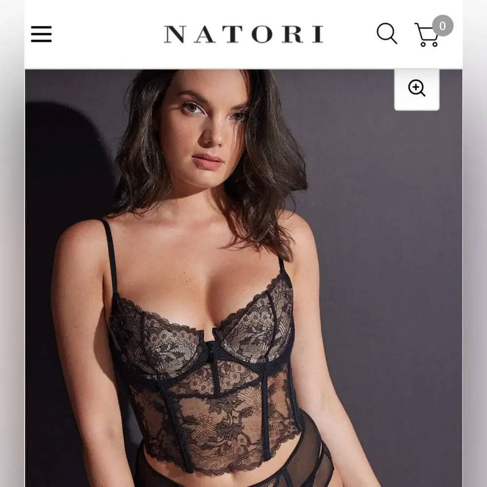 NWT Natori 36B Chantilly Lace Black Buff Longline Bustier Mesh Lingerie